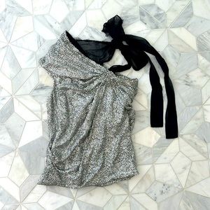 Roberto Rodriguez Sequin One Shoulder Top with Bow and Ruching